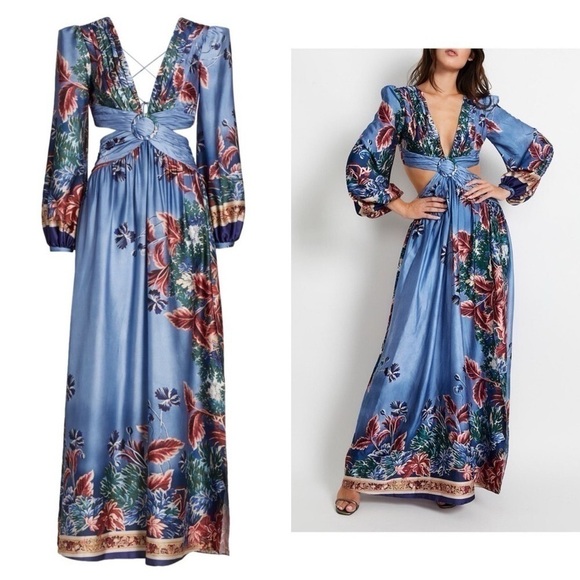PatBO Dresses & Skirts - PatBO Gilly Print Cut-Out Maxi Dress Floral Satin Blue Pink Size 8 NWT